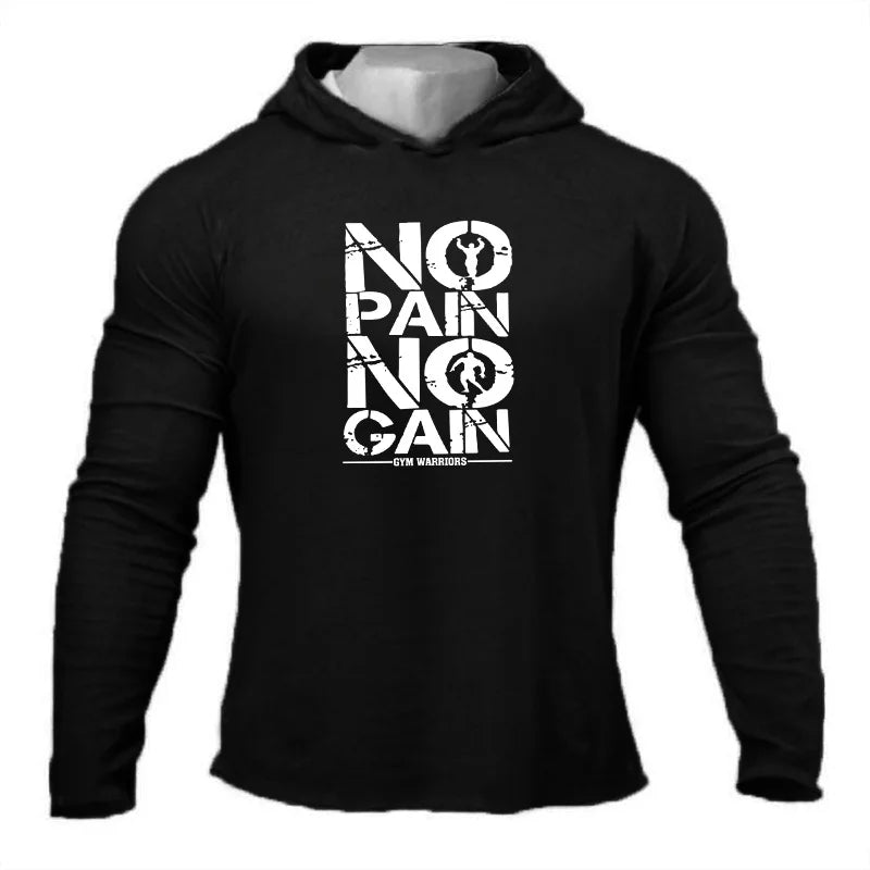 NO PAIN NO GAIN Men's Running Hooded T-shirts Autumn Fitness Long Sleeve Hoodies Shirt Cotton Gym Clothing Sports Muscle Tshirt