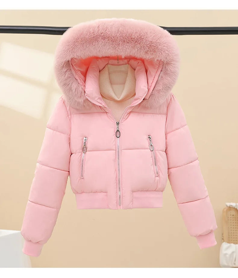 2026 Winter Jacket Women Hooded Fur Collar Cotton Coat New Thick and Warm Short Clothing