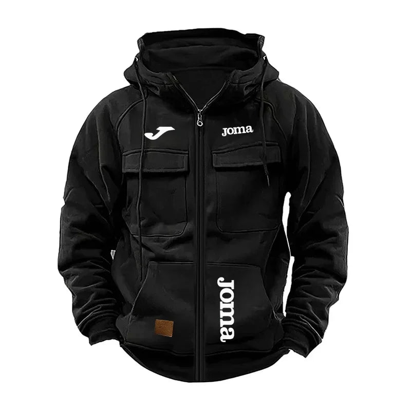 JOMA Men's Loose Fleece-lined Hoodie Jacket with Multiple Pockets Retro American Style Spring Autumn Winter Casual Outerwear