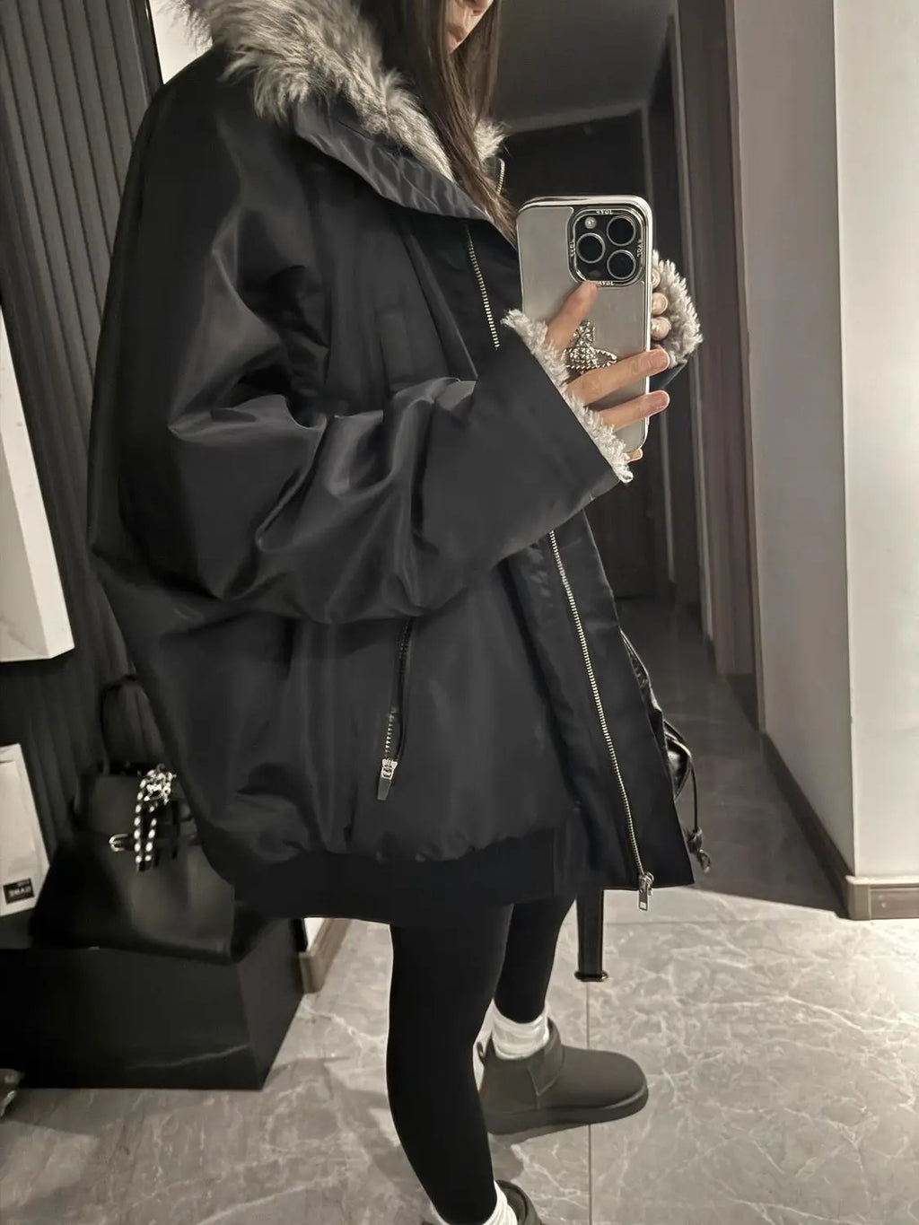Black Winter Versatile, Fashionable, Warm Cold-proof Cotton-padded Spliced New Autumn and Winter Jacket, Parka Coat