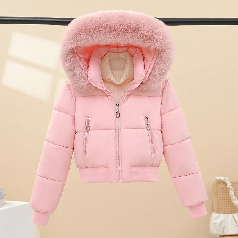 2026 Winter Jacket Women Hooded Fur Collar Cotton Coat New Thick and Warm Short Clothing