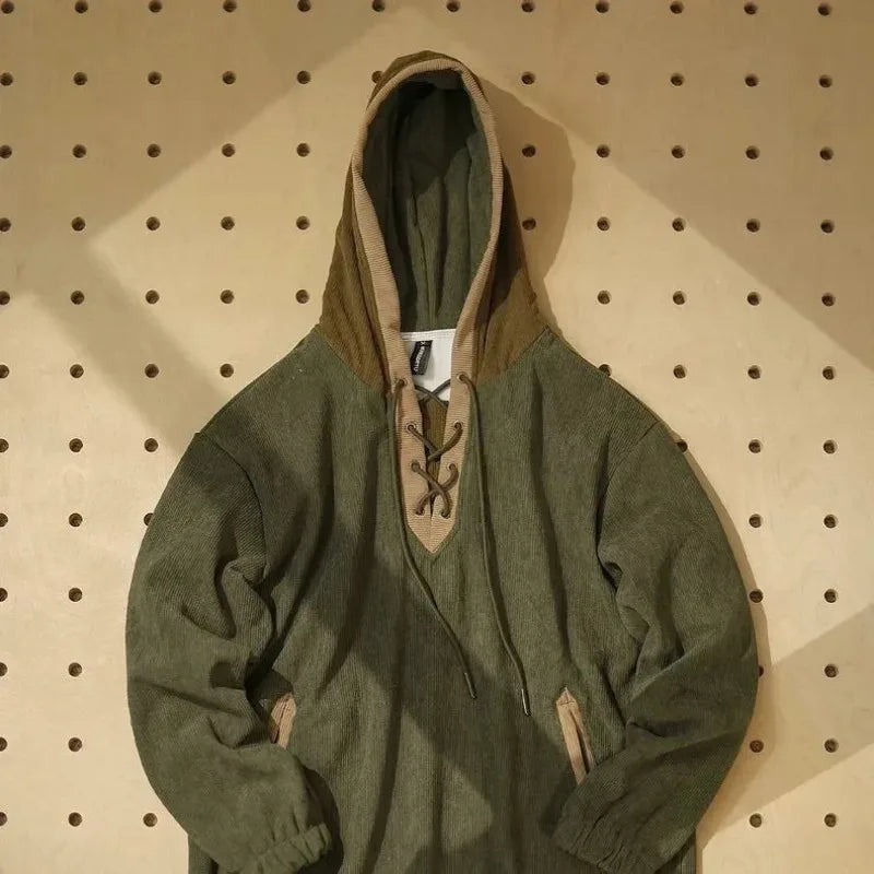 Men Hooded Sweatshirt Vintage Color Block Lace Up V Neck Corduroy Loose Fit Casual Long Sleeve Pullover Hoodie