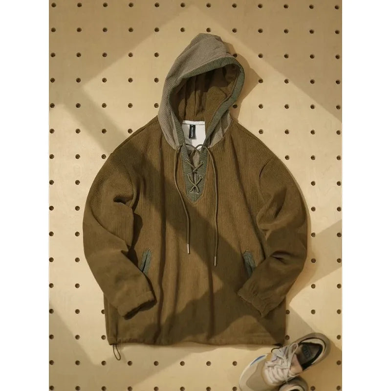 Men Hooded Sweatshirt Vintage Color Block Lace Up V Neck Corduroy Loose Fit Casual Long Sleeve Pullover Hoodie