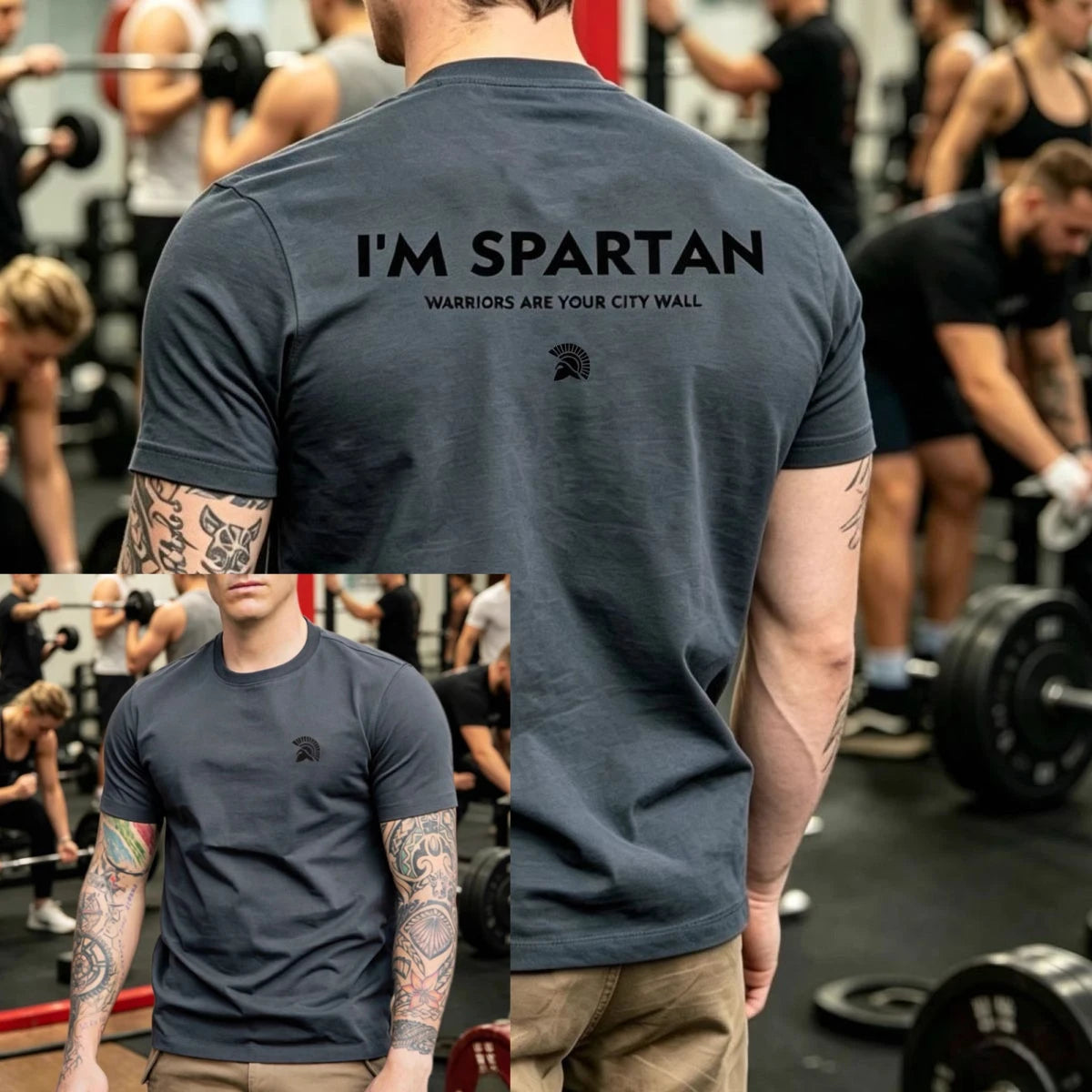 Spartan Warrior Print Gym T Shirt I'M SPARTAN Slogan Helmet Graphic Black Quick Dry Men Fitness Training Short Sleeve Tee