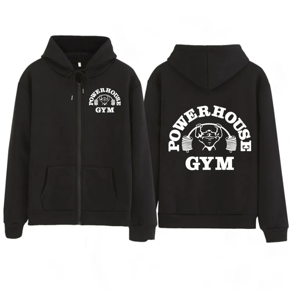 Powerhouse Gym Logo Zipper Hoodie Harajuku Geek Fitness Zip Up Hoodies Unisex Long Sleeve Fashion Casual Oversized Jacket Coat