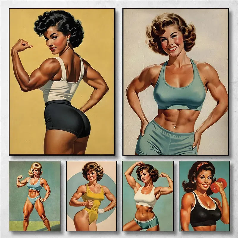 Bodybuilder Woman Canvas Painting Wall Art Female Exercise Weightlifting Poster Gym Room Home Decor Vintage Gifts for Girls