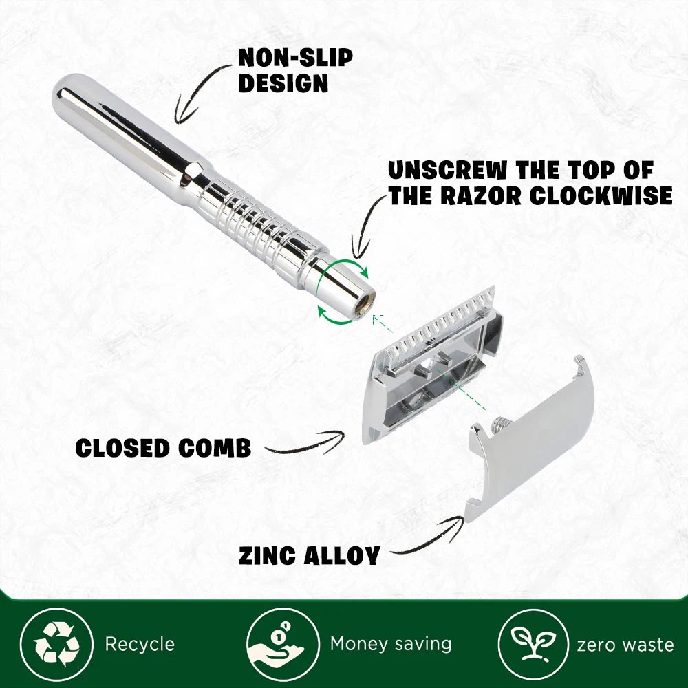 Men's ECO-Friendly Safety Razor Sustainable Shaving Tool for Responsible Grooming with Storage Box & 5 Platinum Advanced Blades