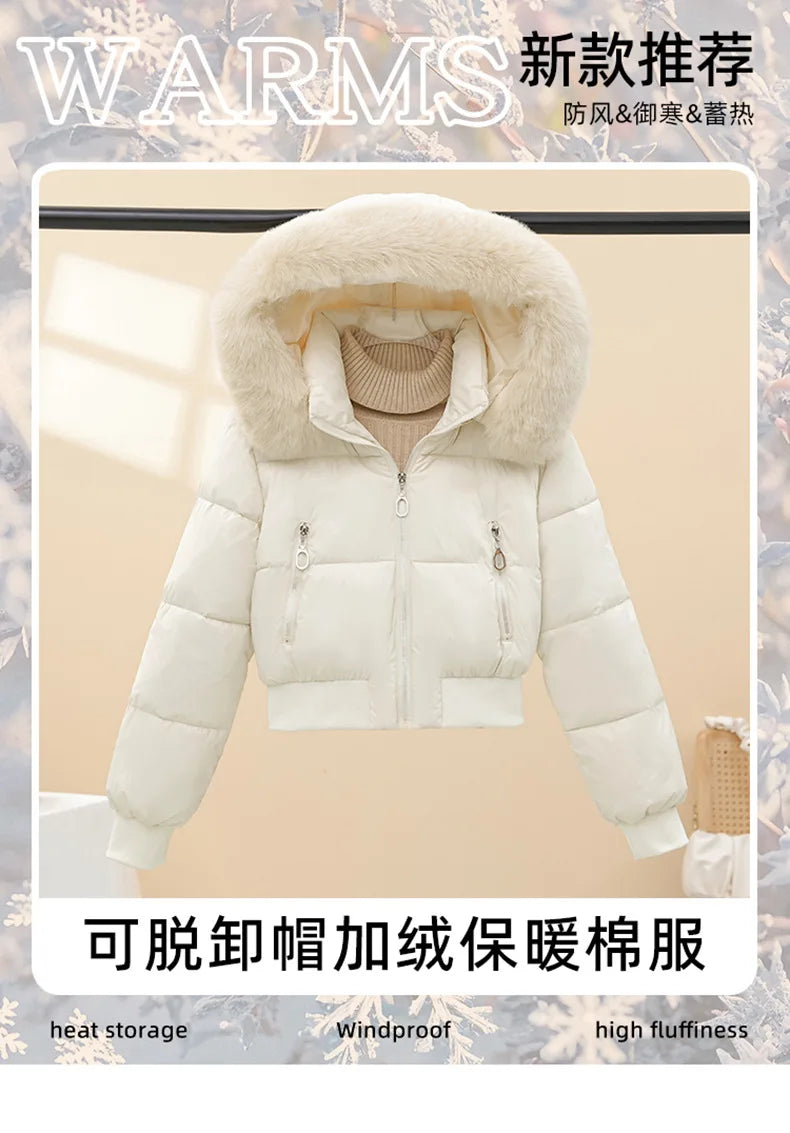 2026 Winter Jacket Women Hooded Fur Collar Cotton Coat New Thick and Warm Short Clothing