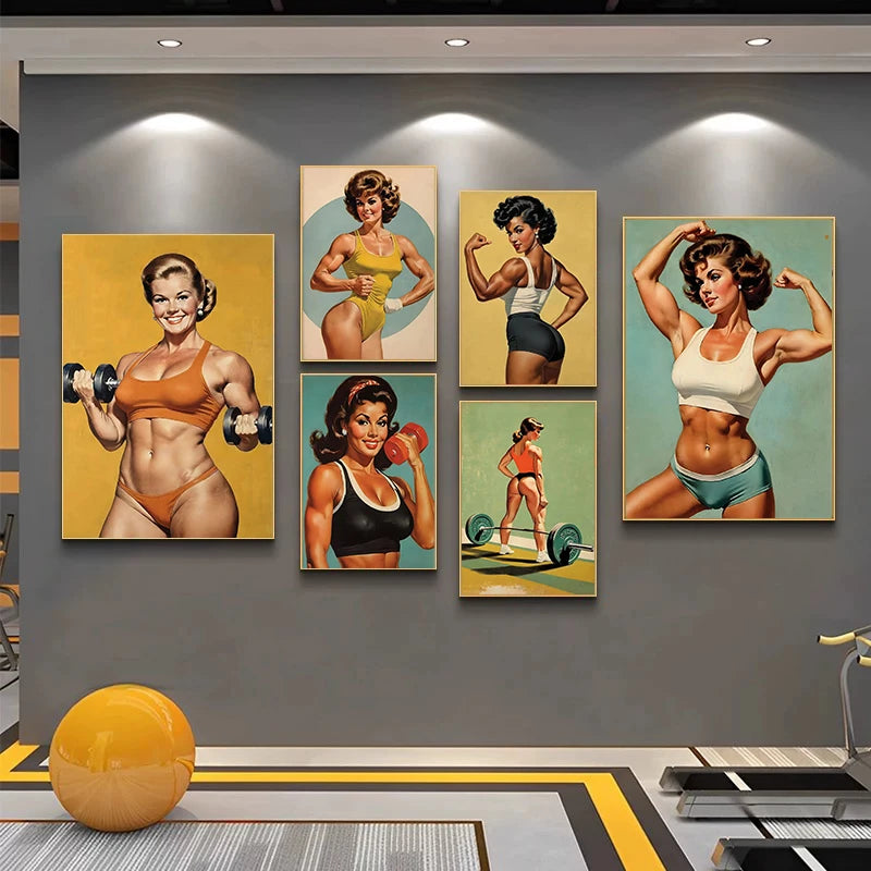Bodybuilder Woman Canvas Painting Wall Art Female Exercise Weightlifting Poster Gym Room Home Decor Vintage Gifts for Girls