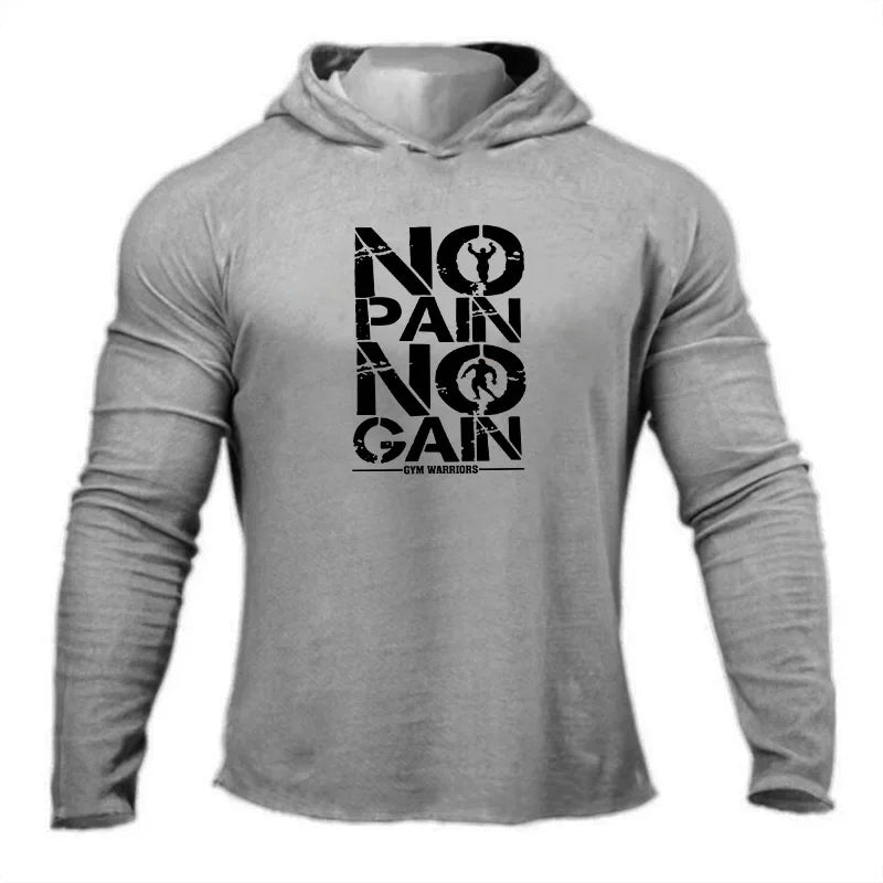 NO PAIN NO GAIN Men's Running Hooded T-shirts Autumn Fitness Long Sleeve Hoodies Shirt Cotton Gym Clothing Sports Muscle Tshirt
