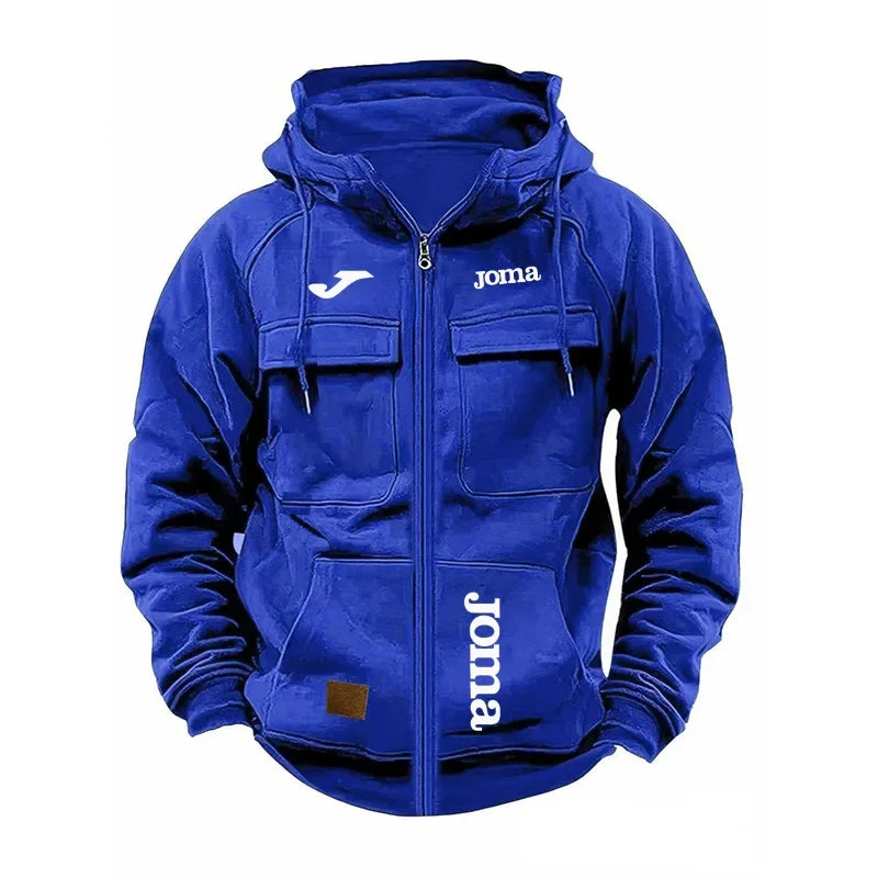 JOMA Men's Loose Fleece-lined Hoodie Jacket with Multiple Pockets Retro American Style Spring Autumn Winter Casual Outerwear