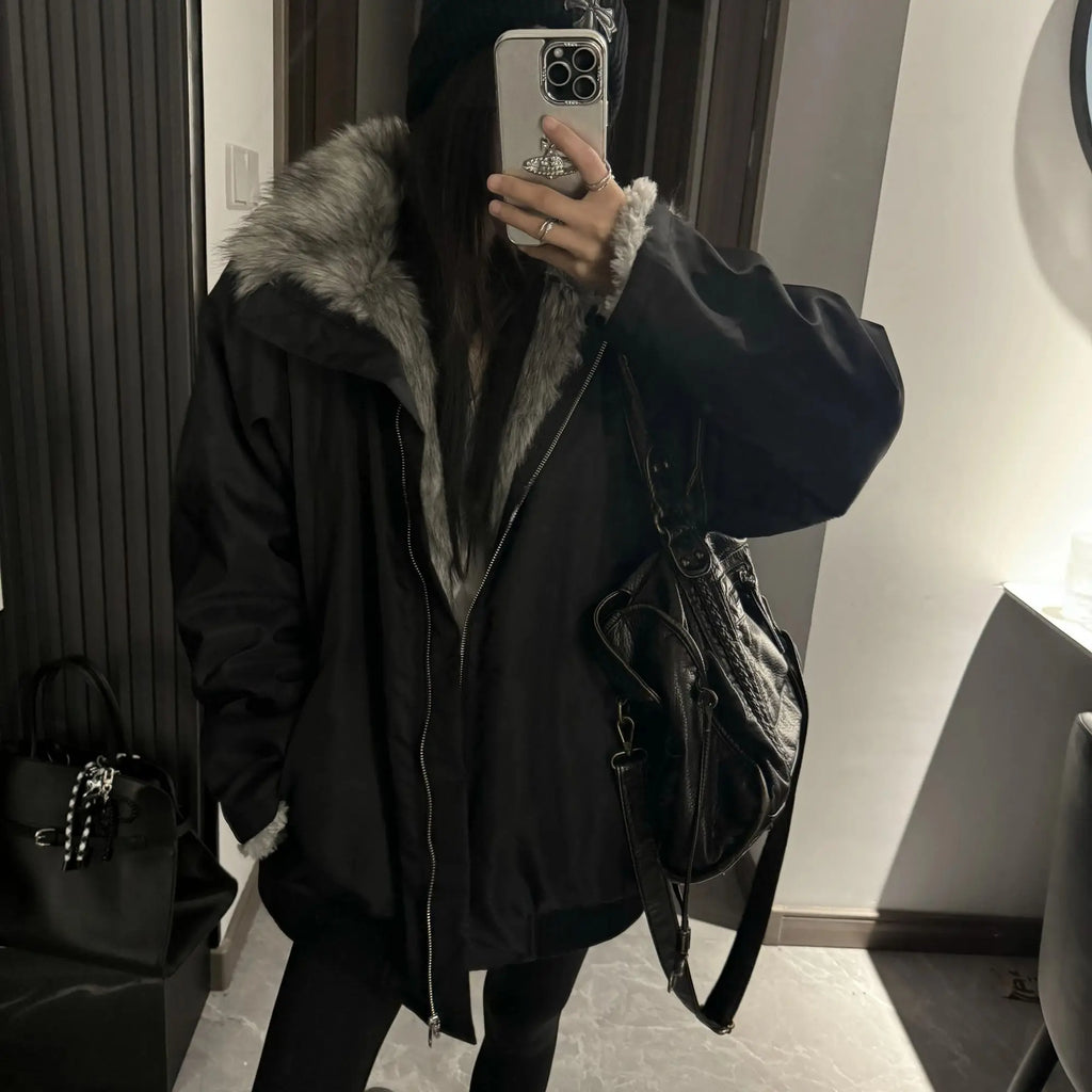 Black Winter Versatile, Fashionable, Warm Cold-proof Cotton-padded Spliced New Autumn and Winter Jacket, Parka Coat
