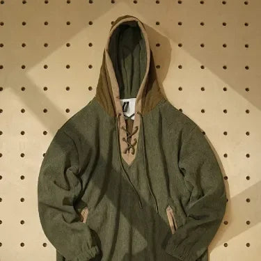 Men Hooded Sweatshirt Vintage Color Block Lace Up V Neck Corduroy Loose Fit Casual Long Sleeve Pullover Hoodie