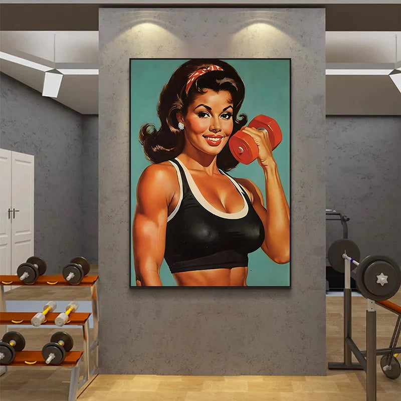 Bodybuilder Woman Canvas Painting Wall Art Female Exercise Weightlifting Poster Gym Room Home Decor Vintage Gifts for Girls