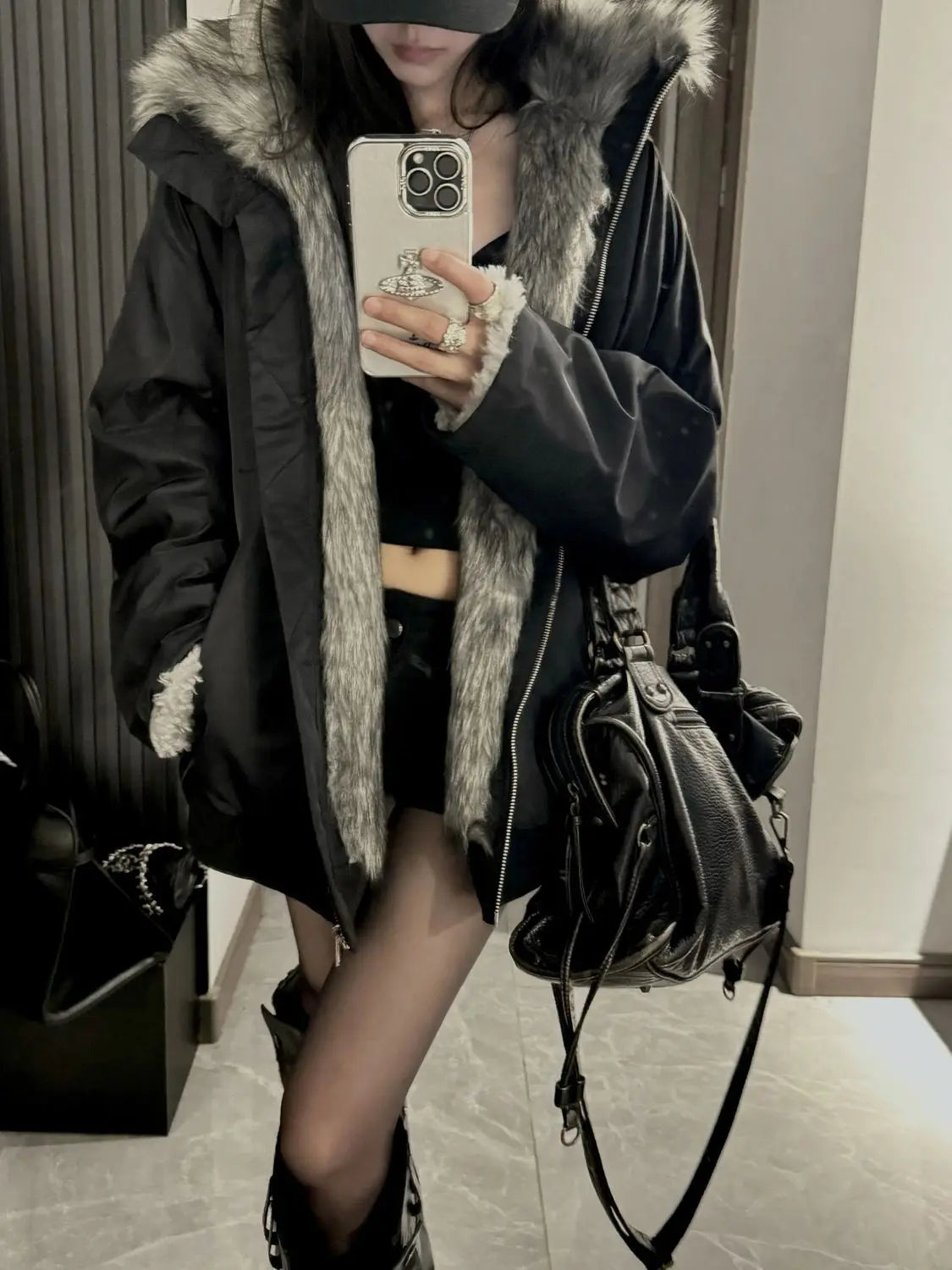 Black Winter Versatile, Fashionable, Warm Cold-proof Cotton-padded Spliced New Autumn and Winter Jacket, Parka Coat