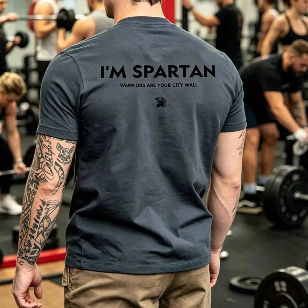 Spartan Warrior Print Gym T Shirt I'M SPARTAN Slogan Helmet Graphic Black Quick Dry Men Fitness Training Short Sleeve Tee