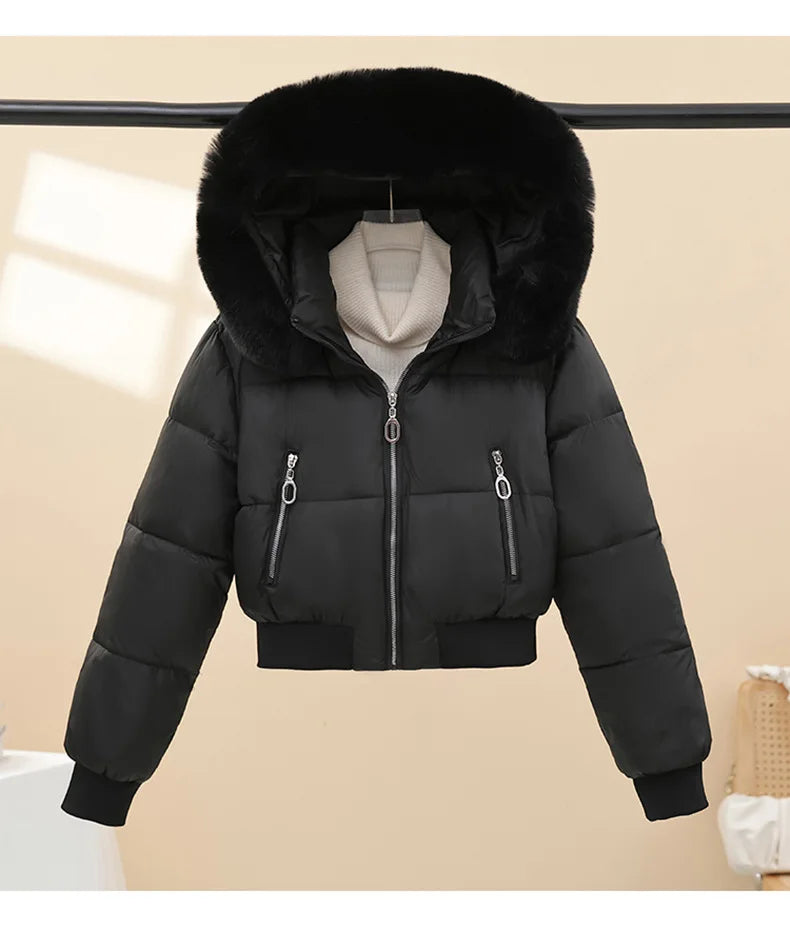 2026 Winter Jacket Women Hooded Fur Collar Cotton Coat New Thick and Warm Short Clothing
