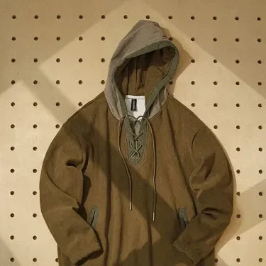 Men Hooded Sweatshirt Vintage Color Block Lace Up V Neck Corduroy Loose Fit Casual Long Sleeve Pullover Hoodie
