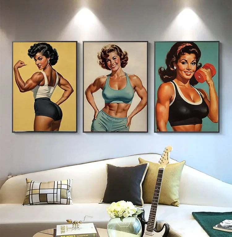 Bodybuilder Woman Canvas Painting Wall Art Female Exercise Weightlifting Poster Gym Room Home Decor Vintage Gifts for Girls