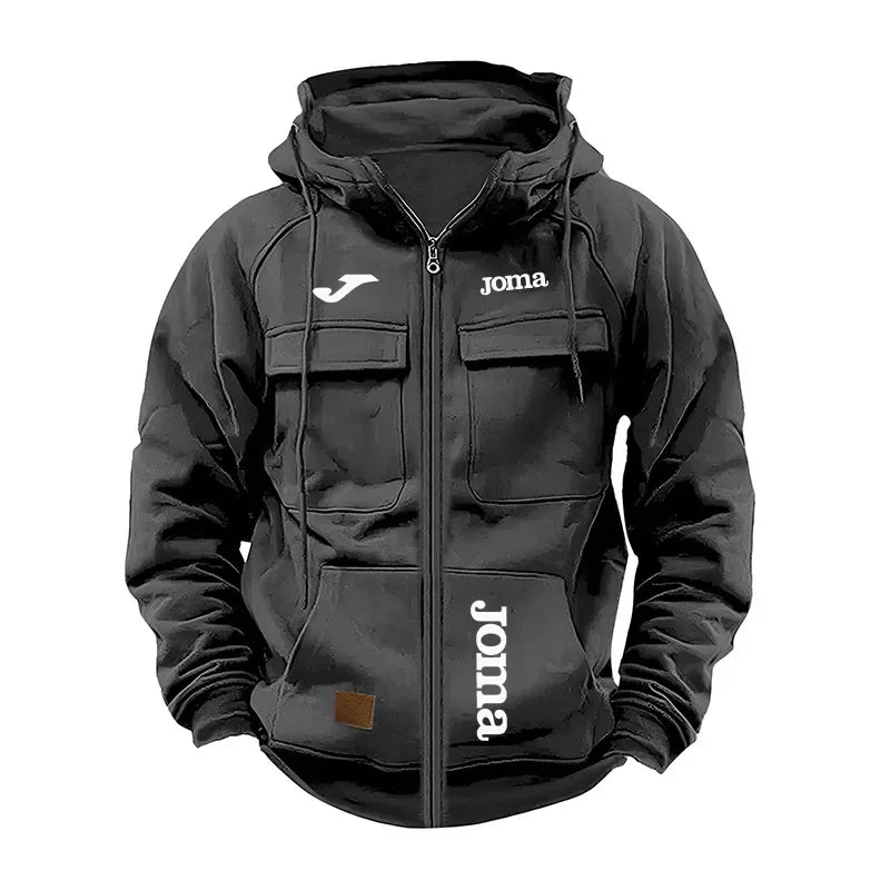 JOMA Men's Loose Fleece-lined Hoodie Jacket with Multiple Pockets Retro American Style Spring Autumn Winter Casual Outerwear