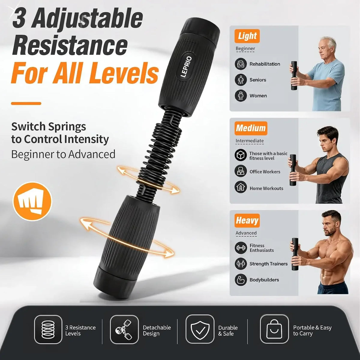 Adjustable Resistance Forearm Exerciser Wrist Strengthener with Interchangeable Springs,  Arm Grip Strength Trainer for Home Gym