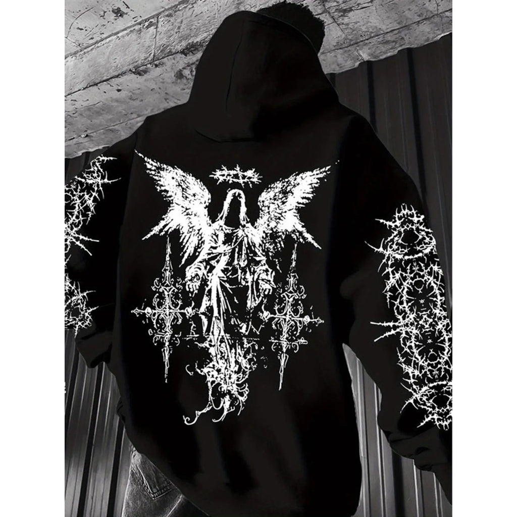 Men Hip Hop Sport Hoodie Gothic Angel Thorn Back Sleeve Graphic Hooded Sweatshirt Dark Punk Streetwear Loose Casual Pullover