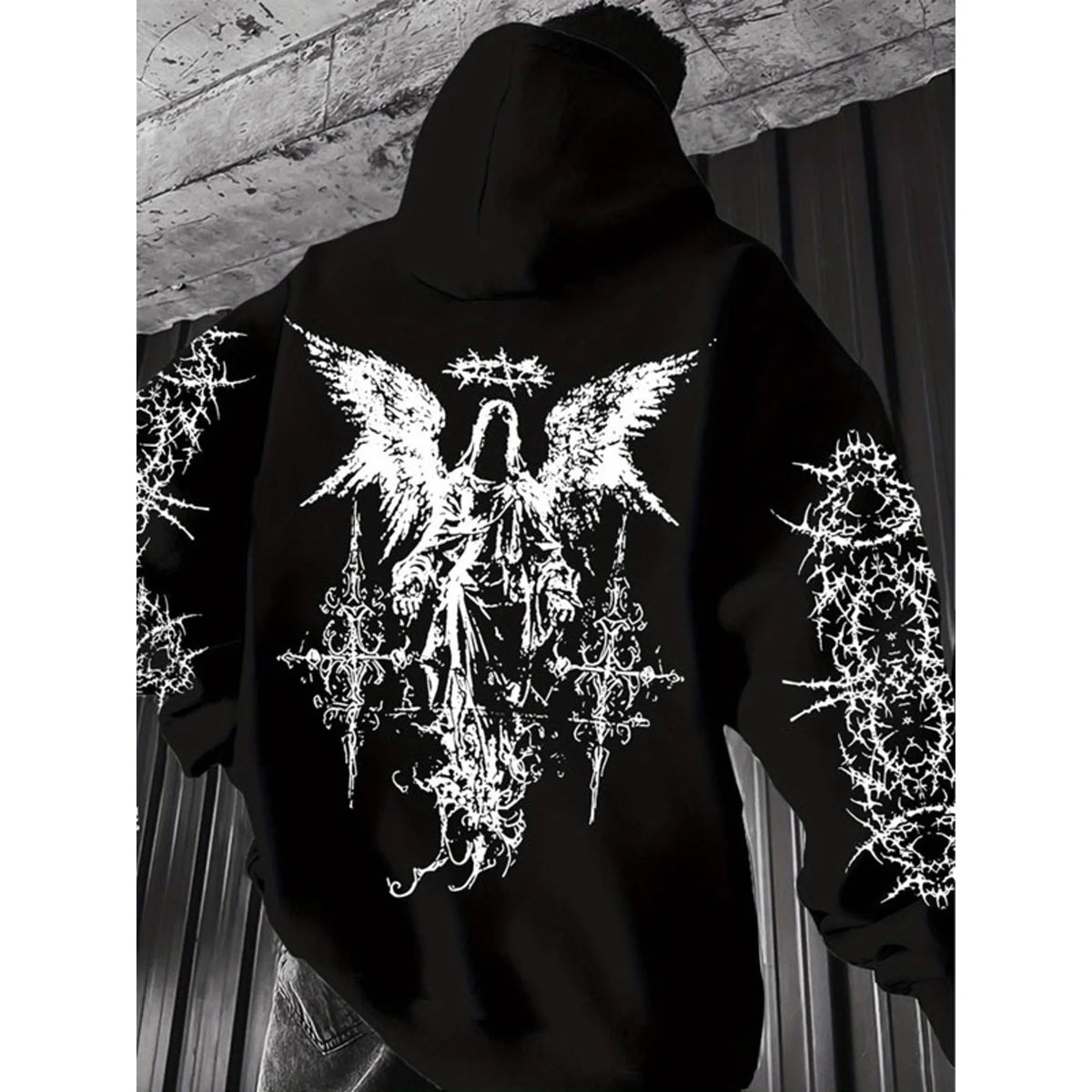 Men Hip Hop Sport Hoodie Gothic Angel Thorn Back Sleeve Graphic Hooded Sweatshirt Dark Punk Streetwear Loose Casual Pullover