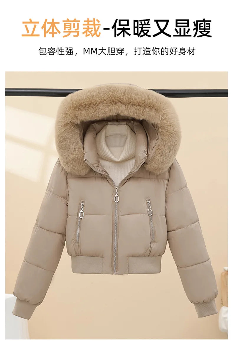2026 Winter Jacket Women Hooded Fur Collar Cotton Coat New Thick and Warm Short Clothing