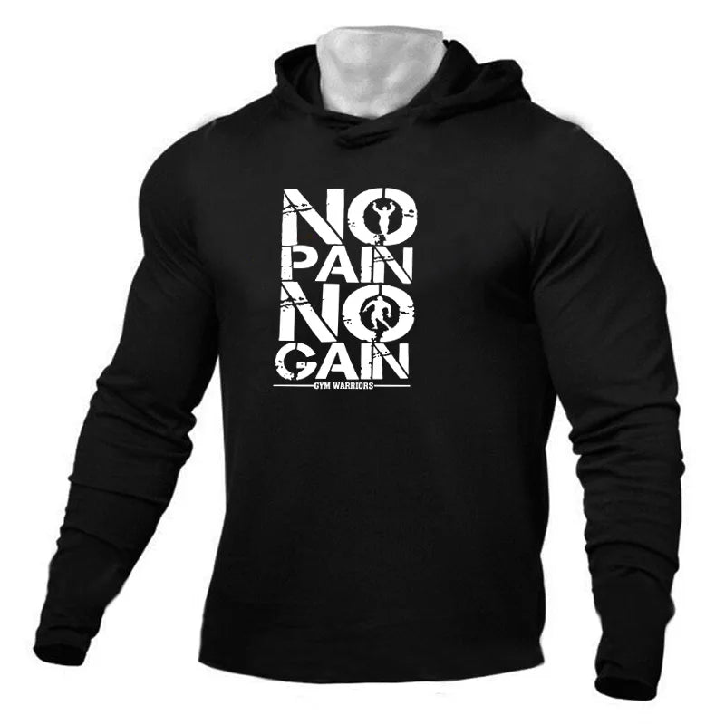 NO PAIN NO GAIN Men's Running Hooded T-shirts Autumn Fitness Long Sleeve Hoodies Shirt Cotton Gym Clothing Sports Muscle Tshirt