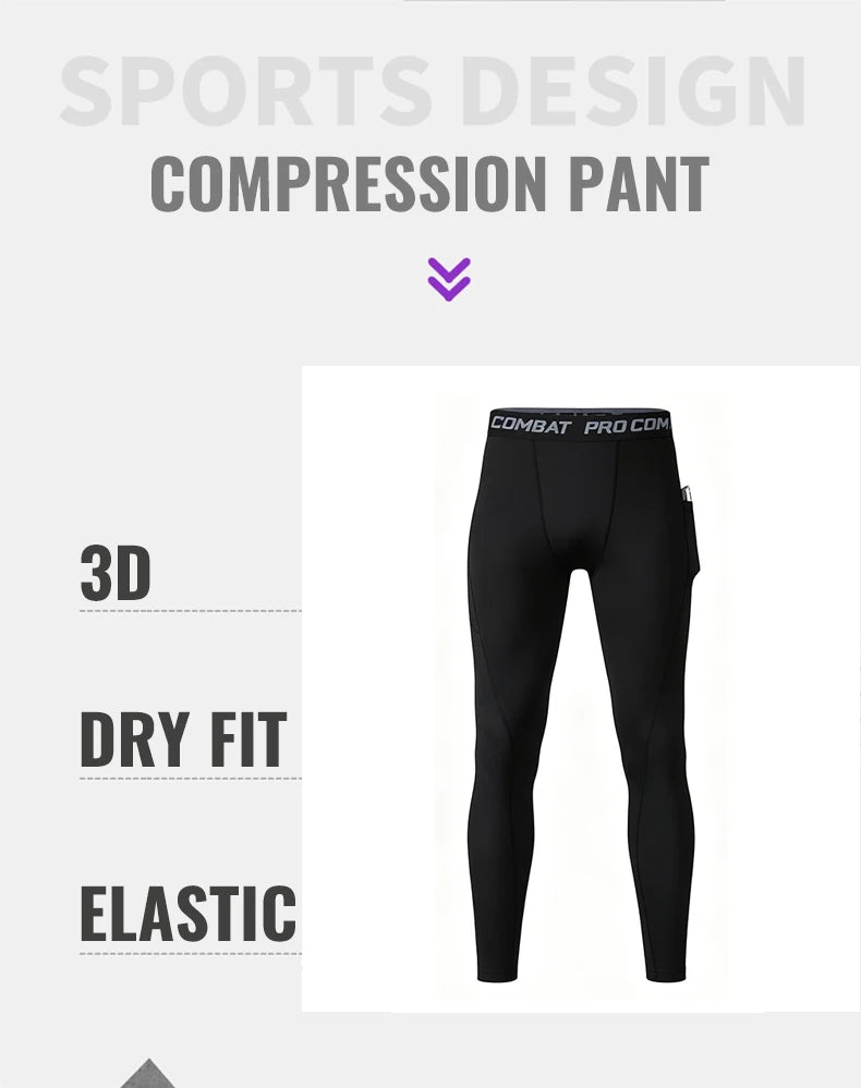 Compression Pant Men Training Gym Leggings with Pockets Running Tights Fitness Basketball Jogging Workout Trouser Polyester