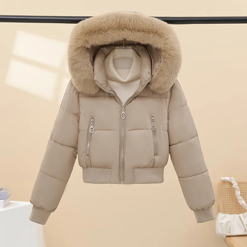 2026 Winter Jacket Women Hooded Fur Collar Cotton Coat New Thick and Warm Short Clothing