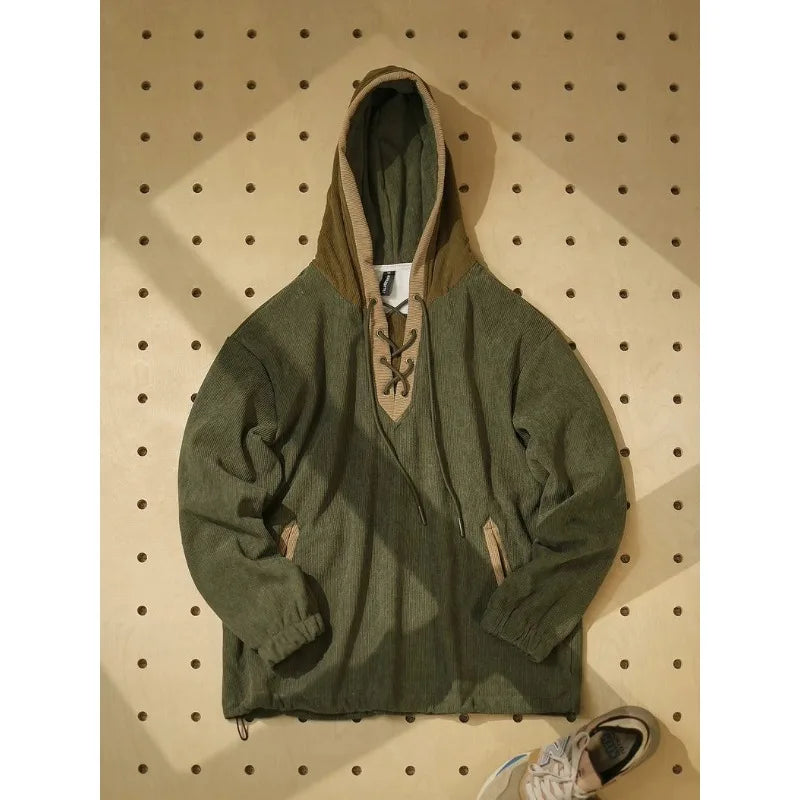 Men Hooded Sweatshirt Vintage Color Block Lace Up V Neck Corduroy Loose Fit Casual Long Sleeve Pullover Hoodie