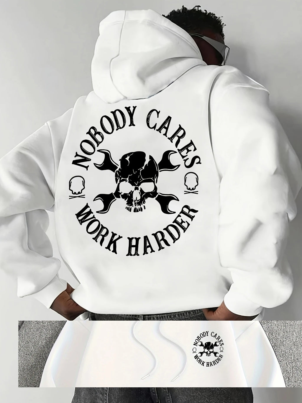 Men Gym Hoodie Nobody Cares Work Harder Skull Wrench Print Oversized Streetwear Sweatshirt Casual Fitness Pullover Tops