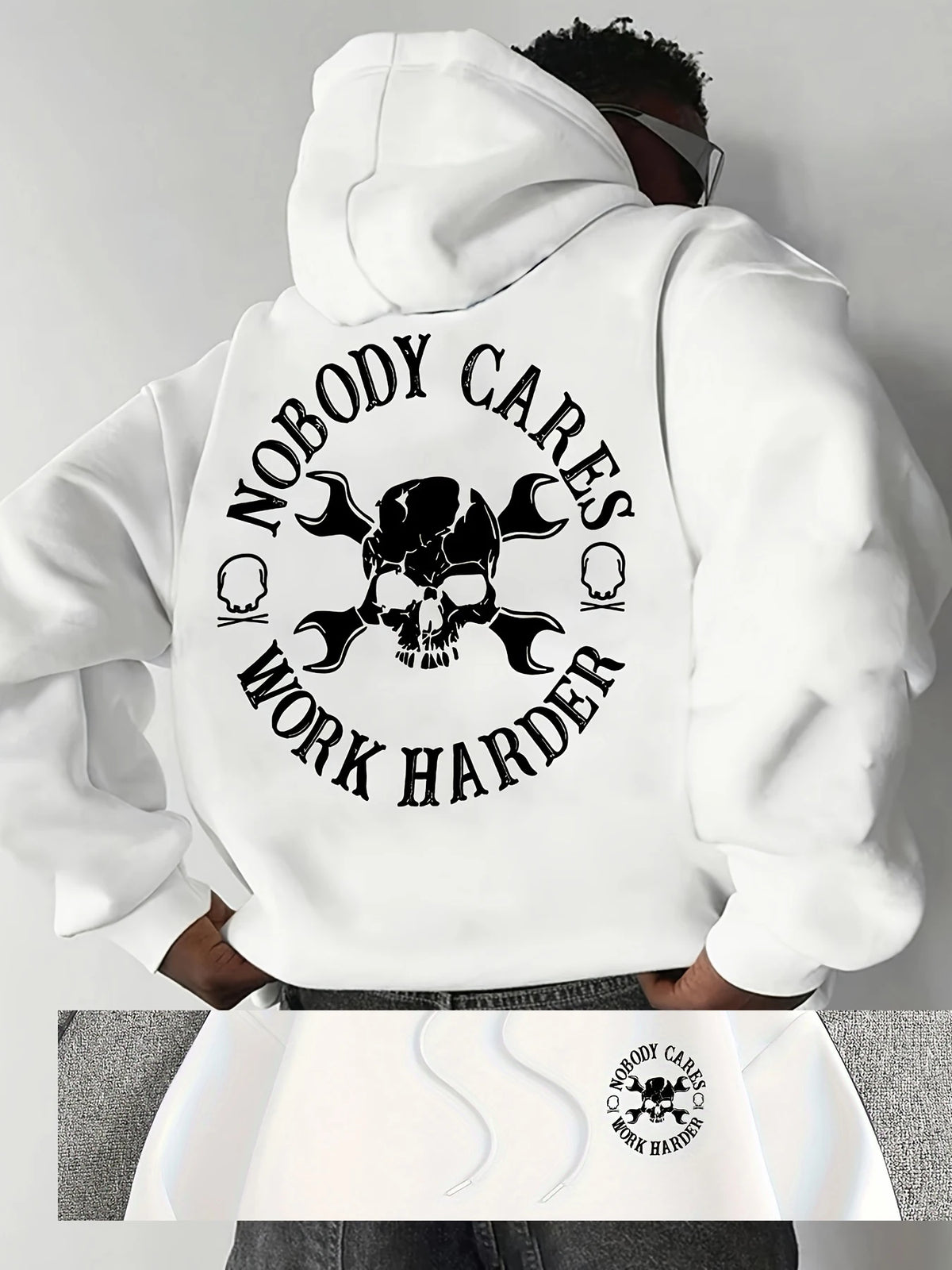Men Gym Hoodie Nobody Cares Work Harder Skull Wrench Print Oversized Streetwear Sweatshirt Casual Fitness Pullover Tops