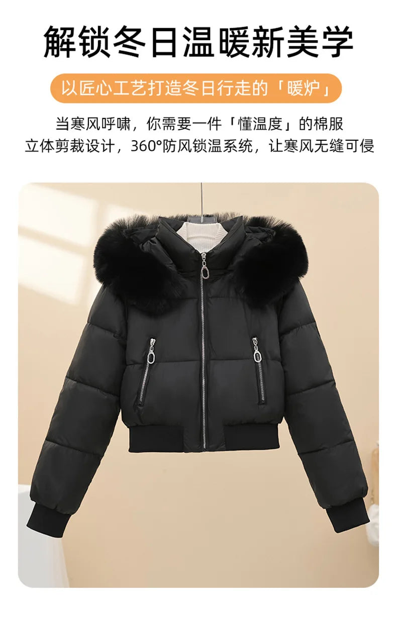 2026 Winter Jacket Women Hooded Fur Collar Cotton Coat New Thick and Warm Short Clothing