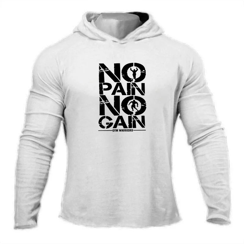 NO PAIN NO GAIN Men's Running Hooded T-shirts Autumn Fitness Long Sleeve Hoodies Shirt Cotton Gym Clothing Sports Muscle Tshirt
