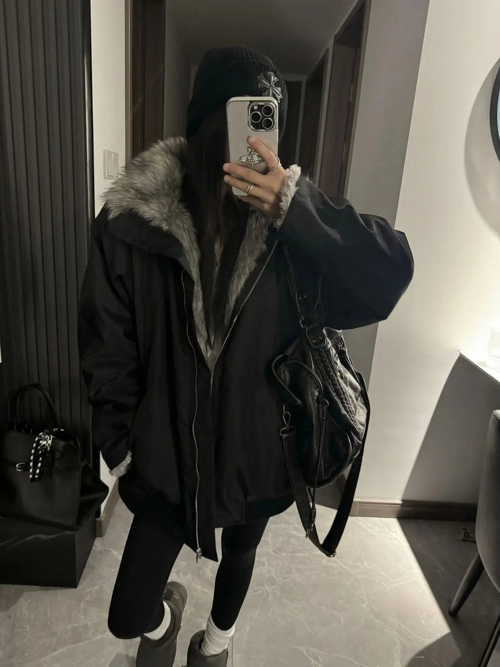 Black Winter Versatile, Fashionable, Warm Cold-proof Cotton-padded Spliced New Autumn and Winter Jacket, Parka Coat
