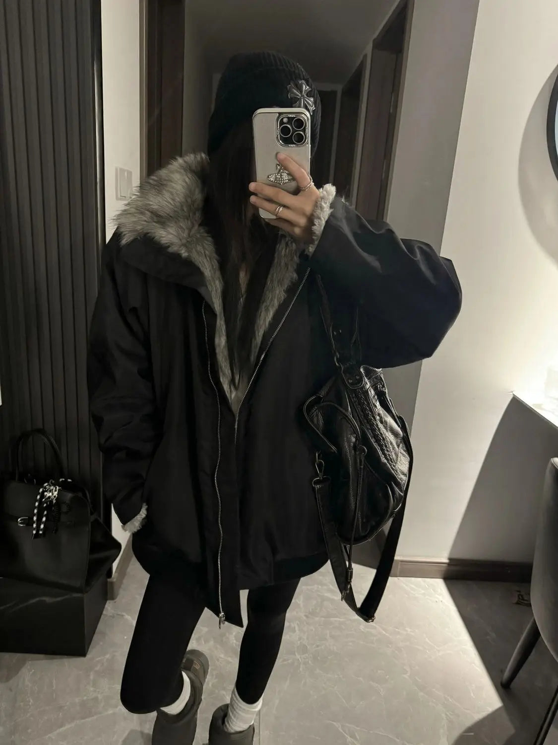 Black Winter Versatile, Fashionable, Warm Cold-proof Cotton-padded Spliced New Autumn and Winter Jacket, Parka Coat