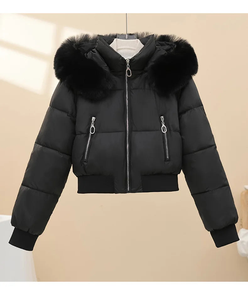 2026 Winter Jacket Women Hooded Fur Collar Cotton Coat New Thick and Warm Short Clothing