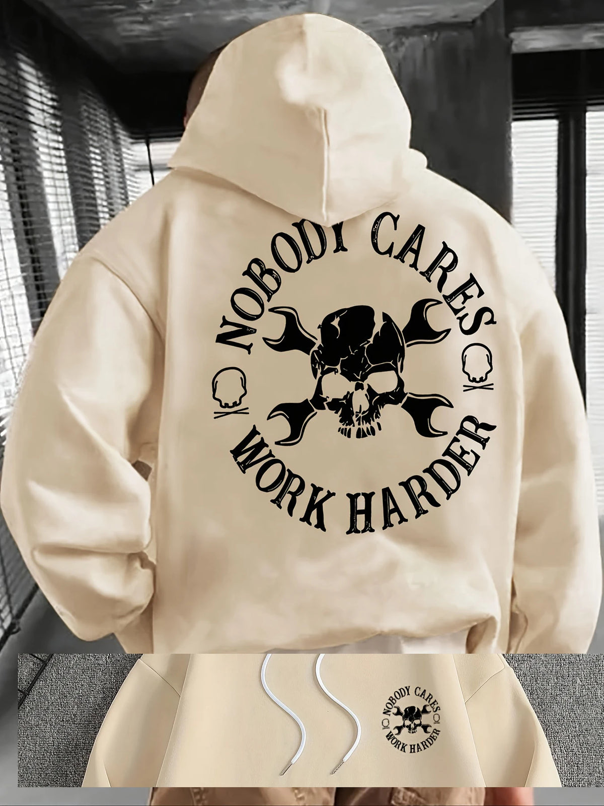 Men Gym Hoodie Nobody Cares Work Harder Skull Wrench Print Oversized Streetwear Sweatshirt Casual Fitness Pullover Tops