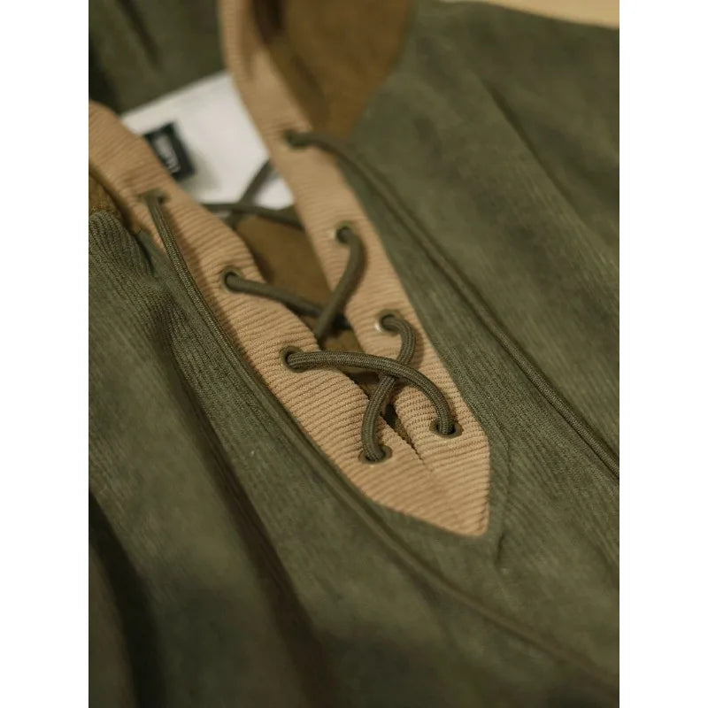 Men Hooded Sweatshirt Vintage Color Block Lace Up V Neck Corduroy Loose Fit Casual Long Sleeve Pullover Hoodie