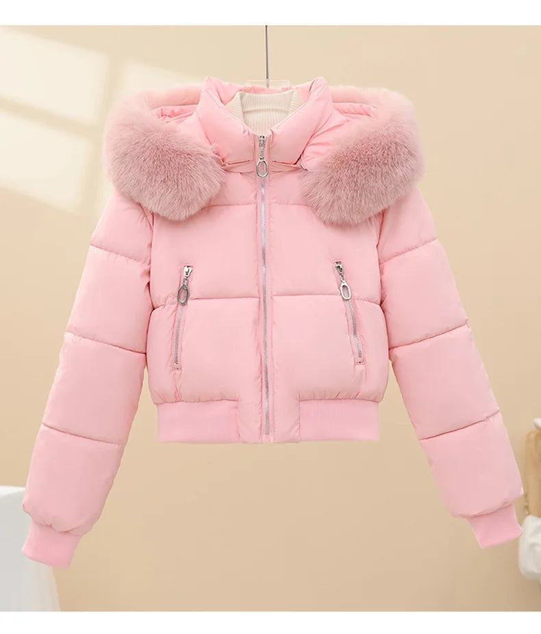 2026 Winter Jacket Women Hooded Fur Collar Cotton Coat New Thick and Warm Short Clothing