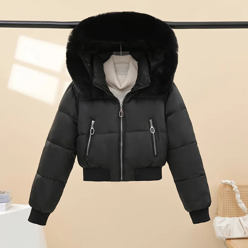 2026 Winter Jacket Women Hooded Fur Collar Cotton Coat New Thick and Warm Short Clothing