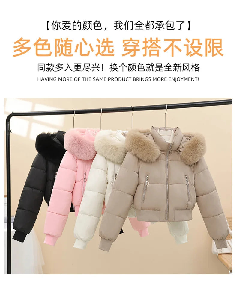 2026 Winter Jacket Women Hooded Fur Collar Cotton Coat New Thick and Warm Short Clothing