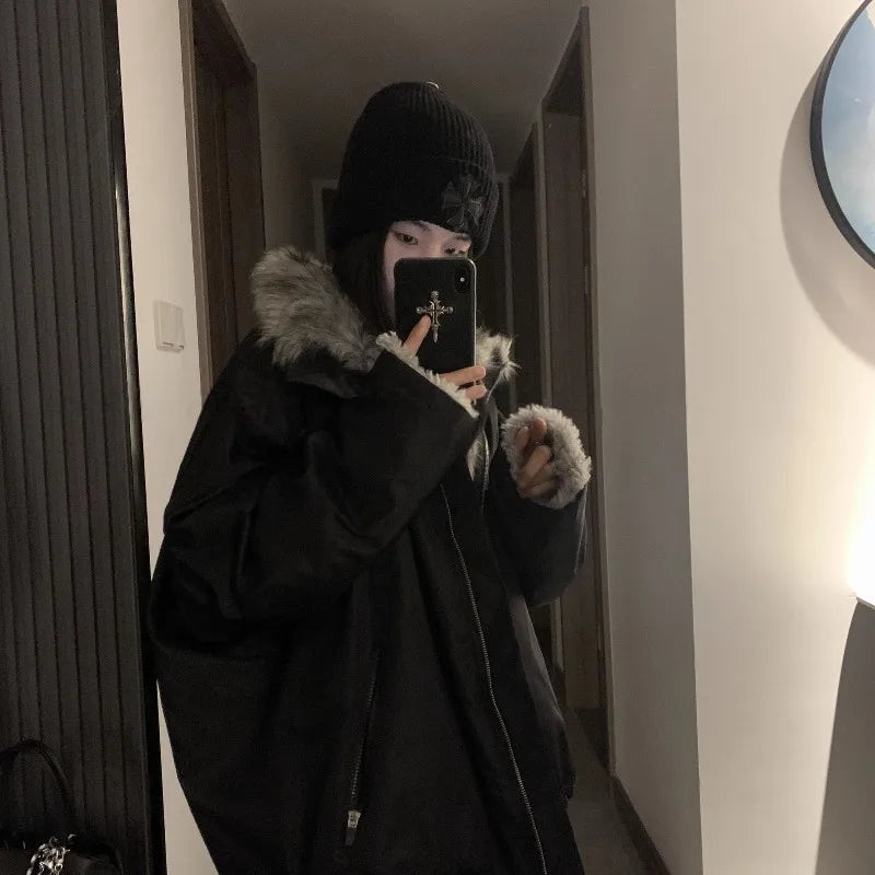 Black Winter Versatile, Fashionable, Warm Cold-proof Cotton-padded Spliced New Autumn and Winter Jacket, Parka Coat