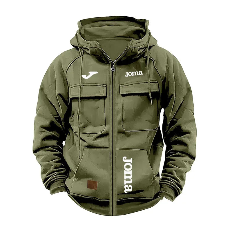 JOMA Men's Loose Fleece-lined Hoodie Jacket with Multiple Pockets Retro American Style Spring Autumn Winter Casual Outerwear