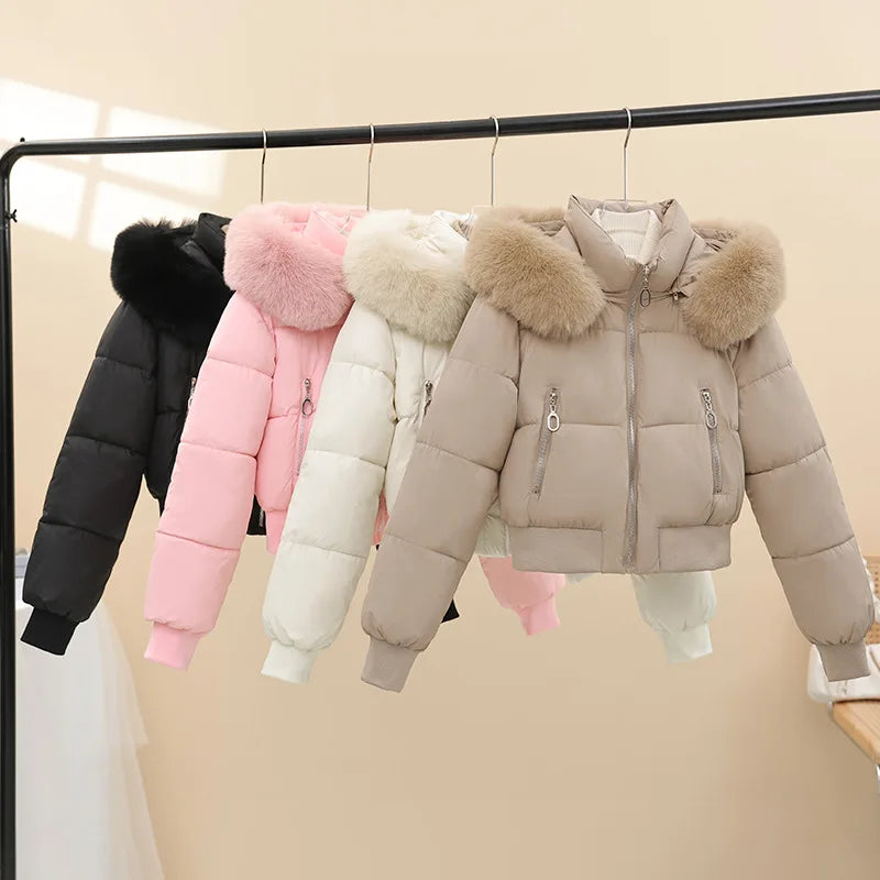 2026 Winter Jacket Women Hooded Fur Collar Cotton Coat New Thick and Warm Short Clothing