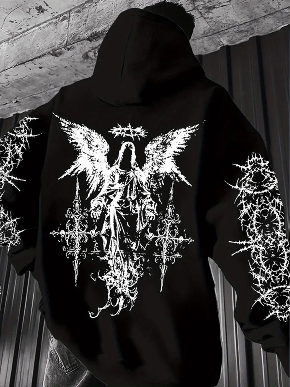 Men Hip Hop Sport Hoodie Gothic Angel Thorn Back Sleeve Graphic Hooded Sweatshirt Dark Punk Streetwear Loose Casual Pullover