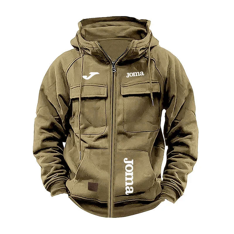 JOMA Men's Loose Fleece-lined Hoodie Jacket with Multiple Pockets Retro American Style Spring Autumn Winter Casual Outerwear