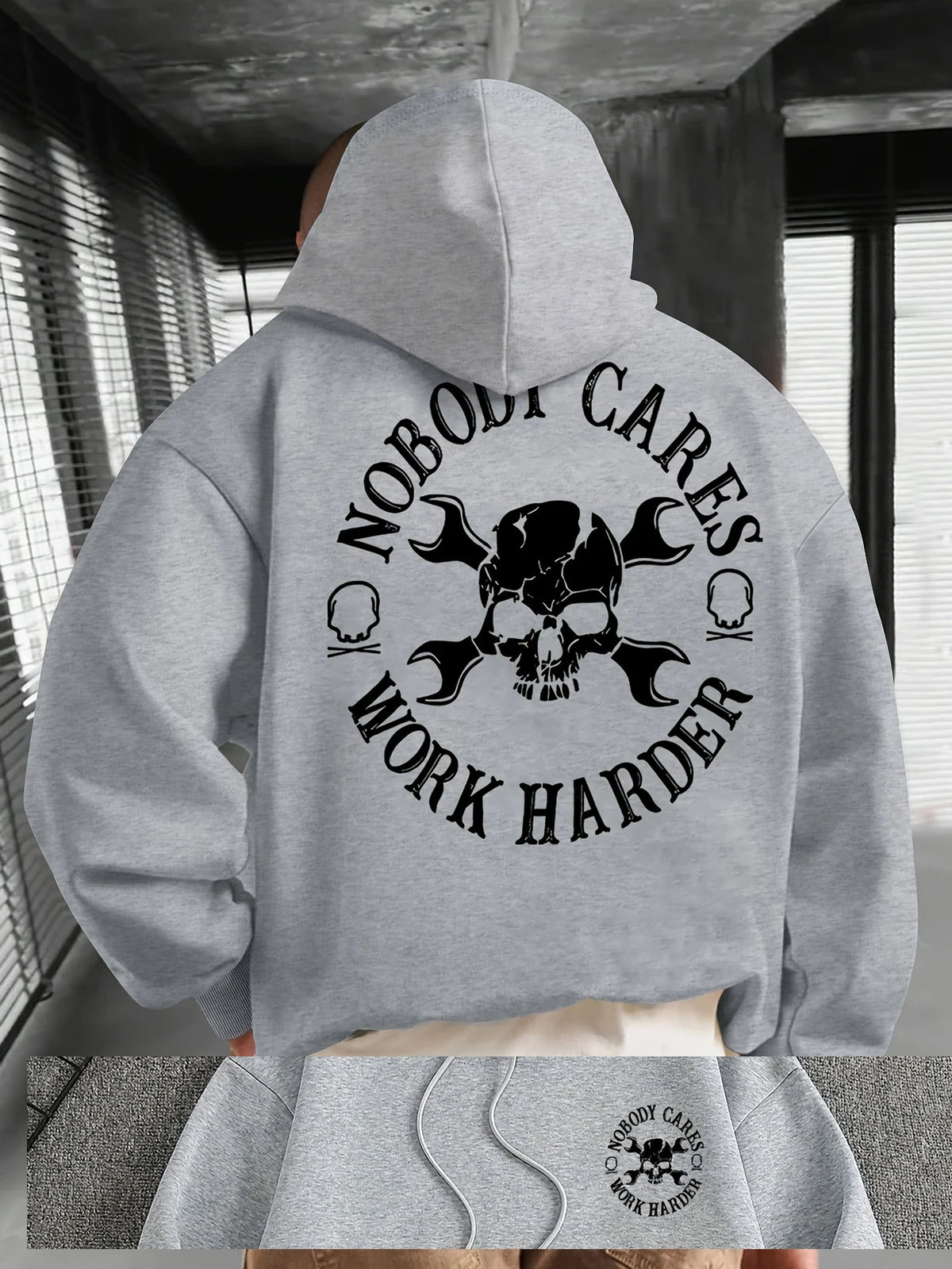 Men Gym Hoodie Nobody Cares Work Harder Skull Wrench Print Oversized Streetwear Sweatshirt Casual Fitness Pullover Tops